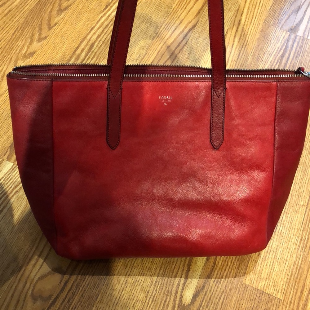 Fossil Red Leather Tote Bag
